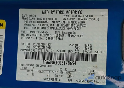 2020 Ford Mustang Gt Fastback z USA, uszkodzony, nr VIN 1FA6P8CF0L5178654